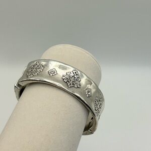 Brighton Wide Cuff Bracelet Floral Motifs Crystals Silver Plated Hinge Chunky